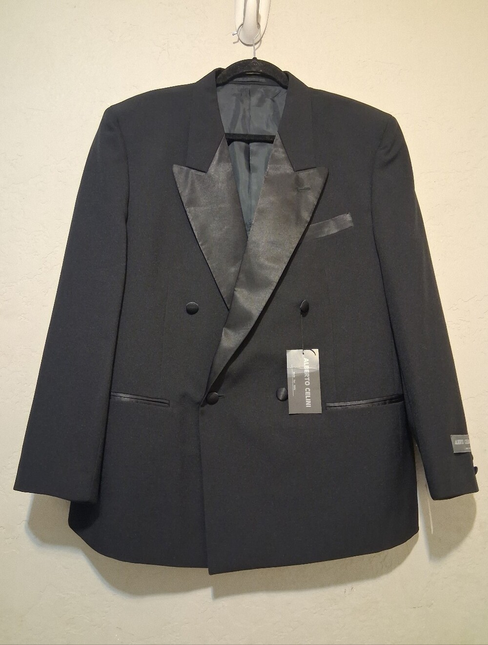 Alberto Celini Gianelle Men Double-Breasted Black Satin Peak Lapel Tuxedo Sz44R